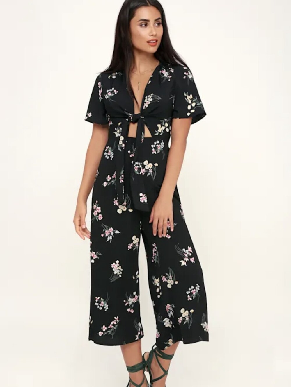 LULUS LUSH Quinna Black Floral Print Tie-Front Wide-Leg Spring & Summer Jumpsuit